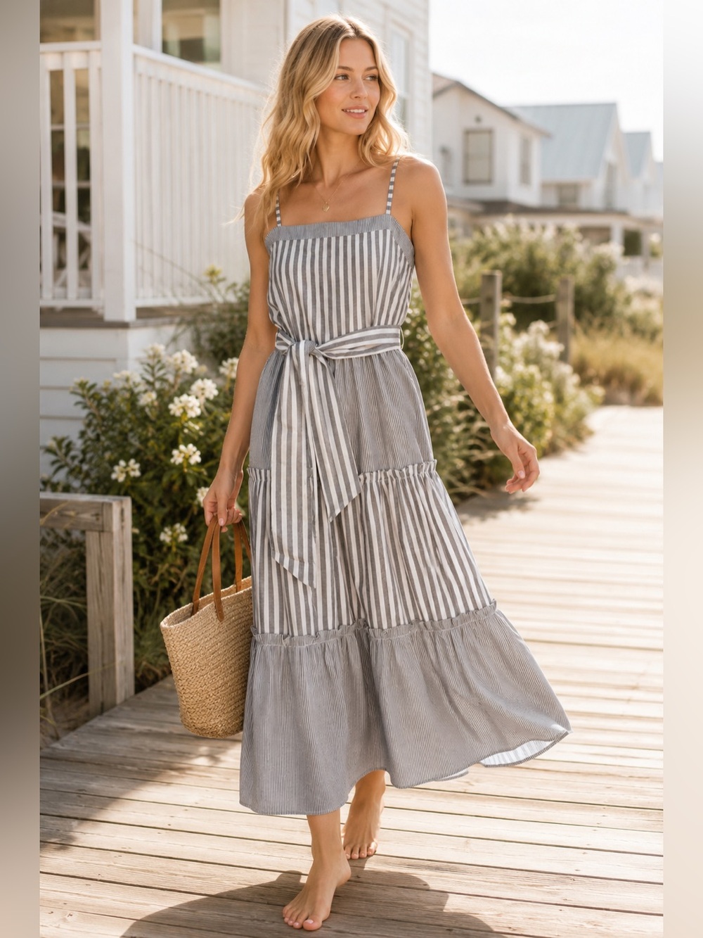 NWT Solid & Striped Tiered Midi Dress XL Gray White Tie Waist Coastal Resort